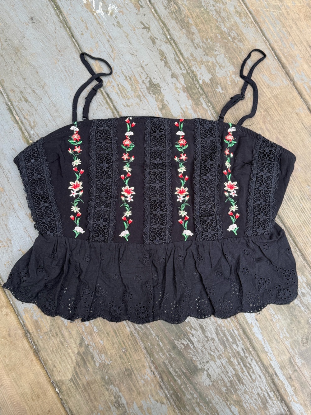 SHEIN Black Mini Skirt with Red & Green Floral Embroidery